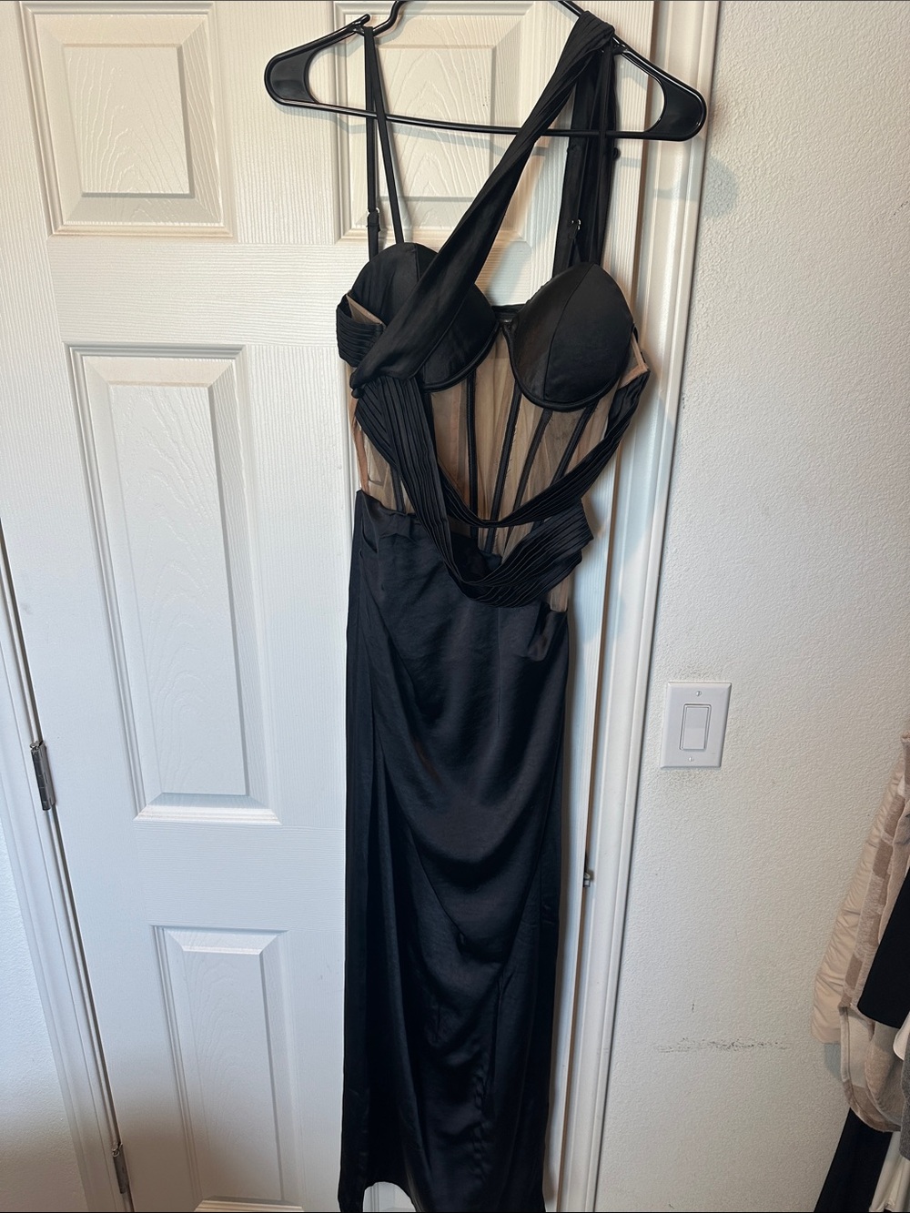 JLUXLABEL Black Mesh & Satin Maxi Dress with Nude Lining